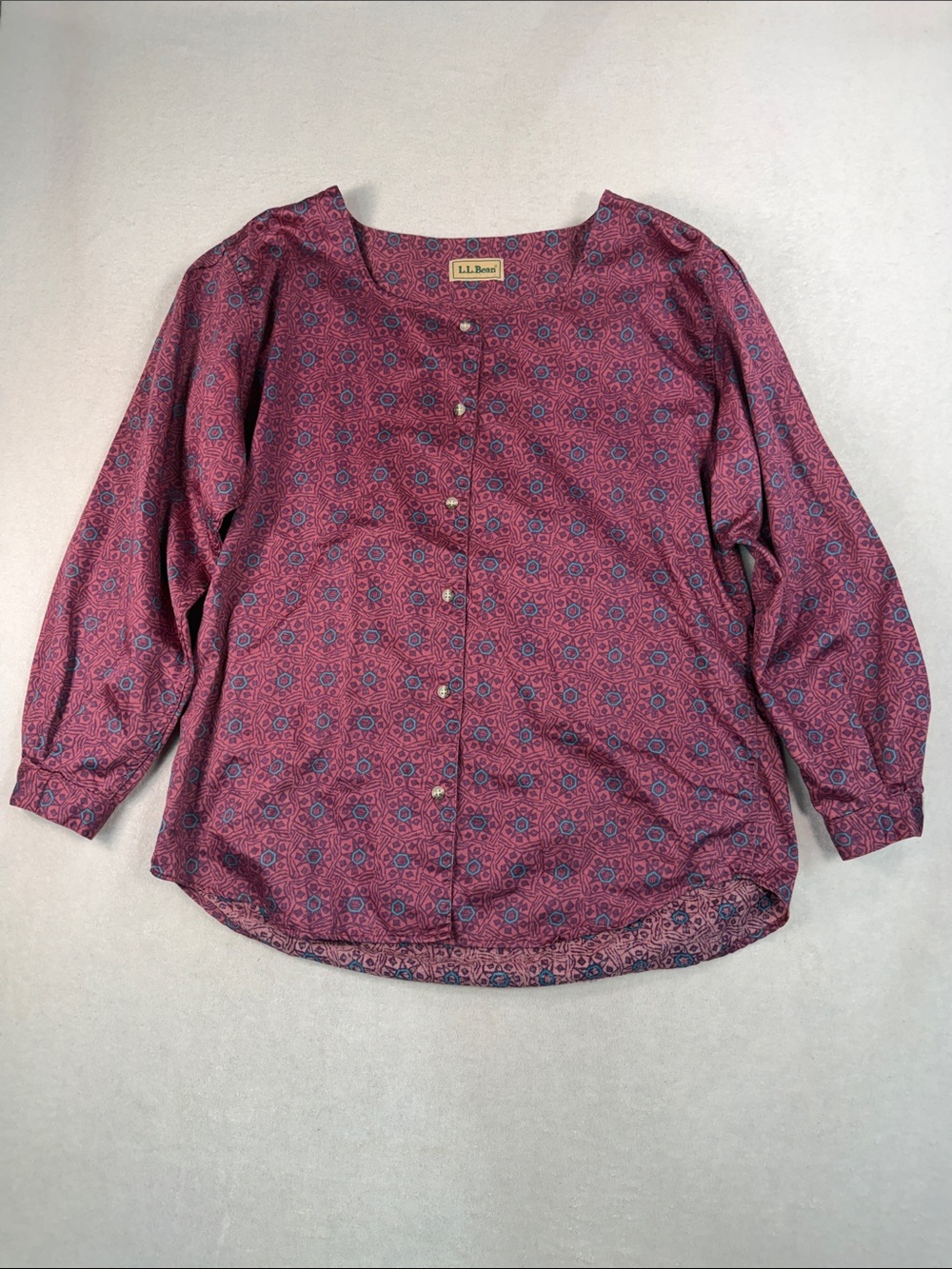 Vintage 80's Geometric Print L.L. Bean Collarless Button-Down Blouse